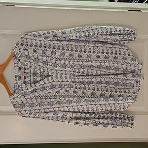LOFT tunic top v-neck cutout design long sleeve blue & white size XS